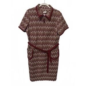Vintage 70s Chevron Metallic Zip Front Chore Dress